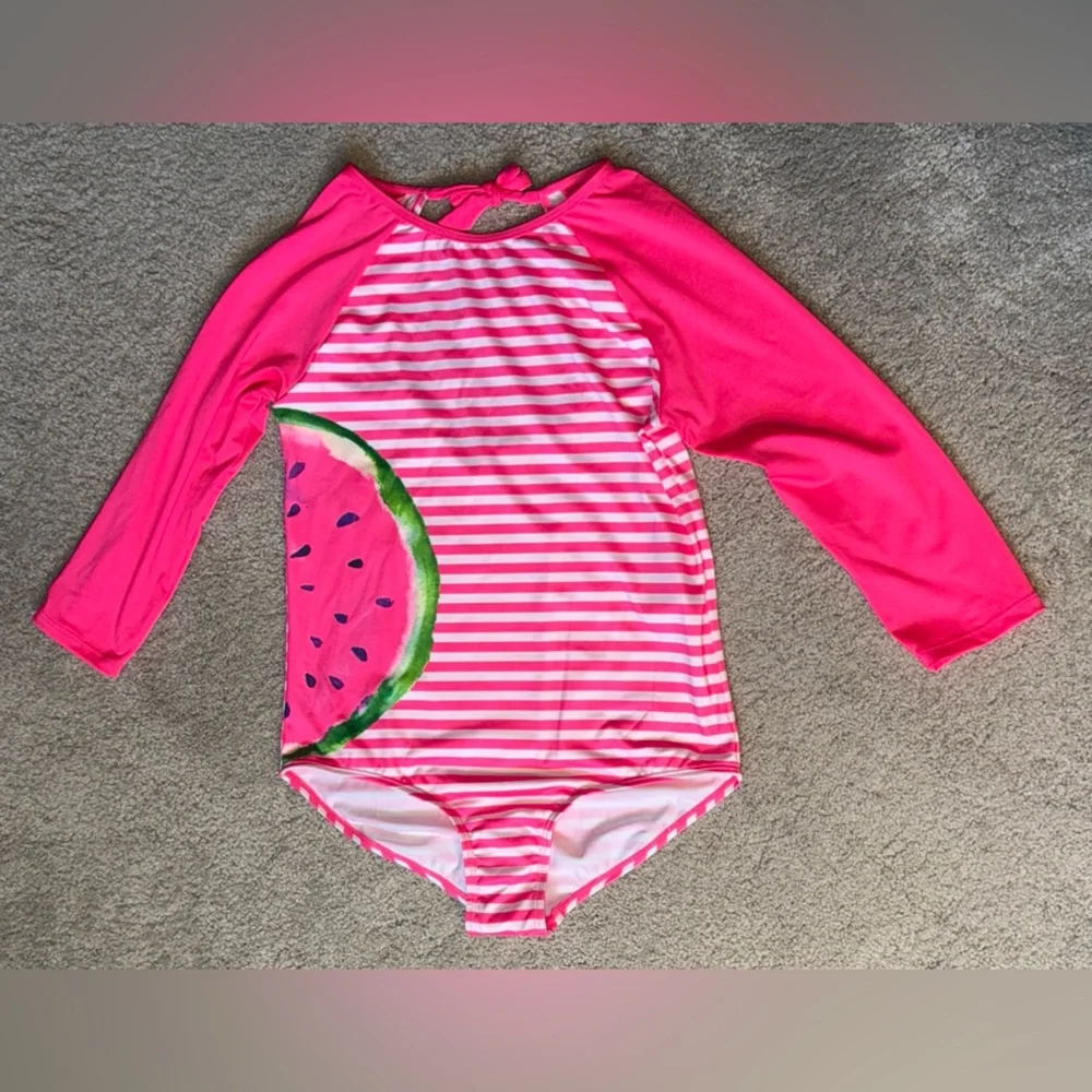 Girls 14/16 Pink Platinum Hot Pink Striped 1 Pc Swimsuit Rash Guard - NWT
